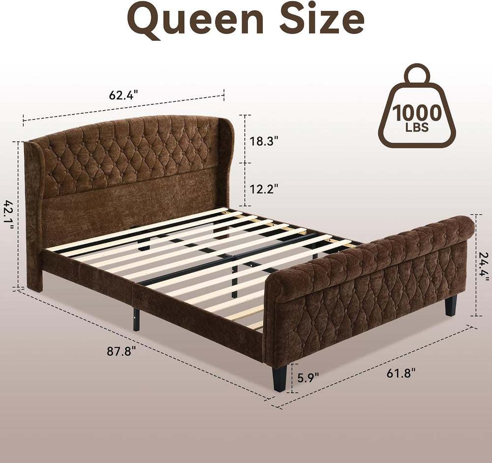BedsPick Brown Upholstered Queen Bed Frame with 42" Wingback Headboard, ...