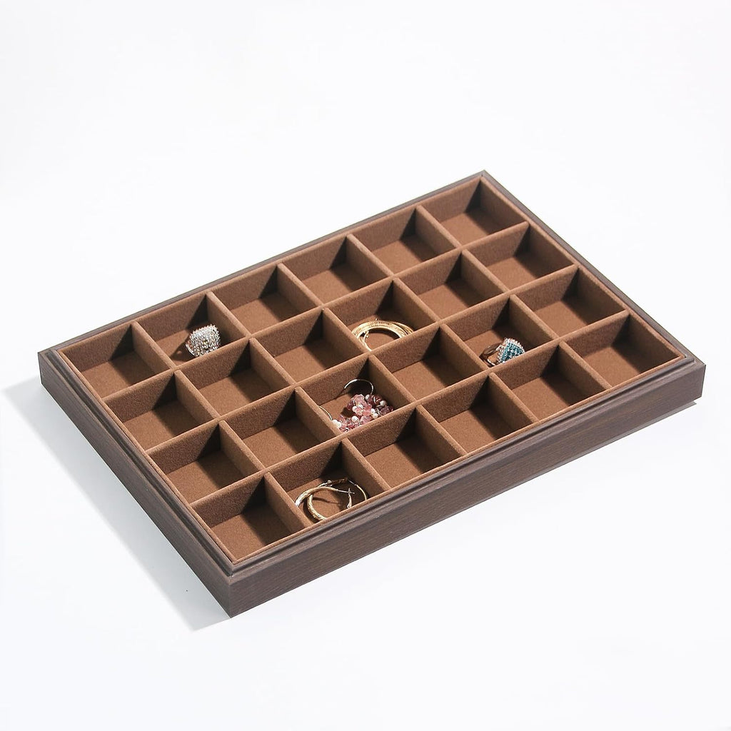 Wood Jewelry Organizer Tray, Earrings Holder (Brown, 2Pc, 24 Grids) | Stackable Earrings Organizer, Earrings Display Tray, 24 Grids Ring Holder, Space-Saving Storage