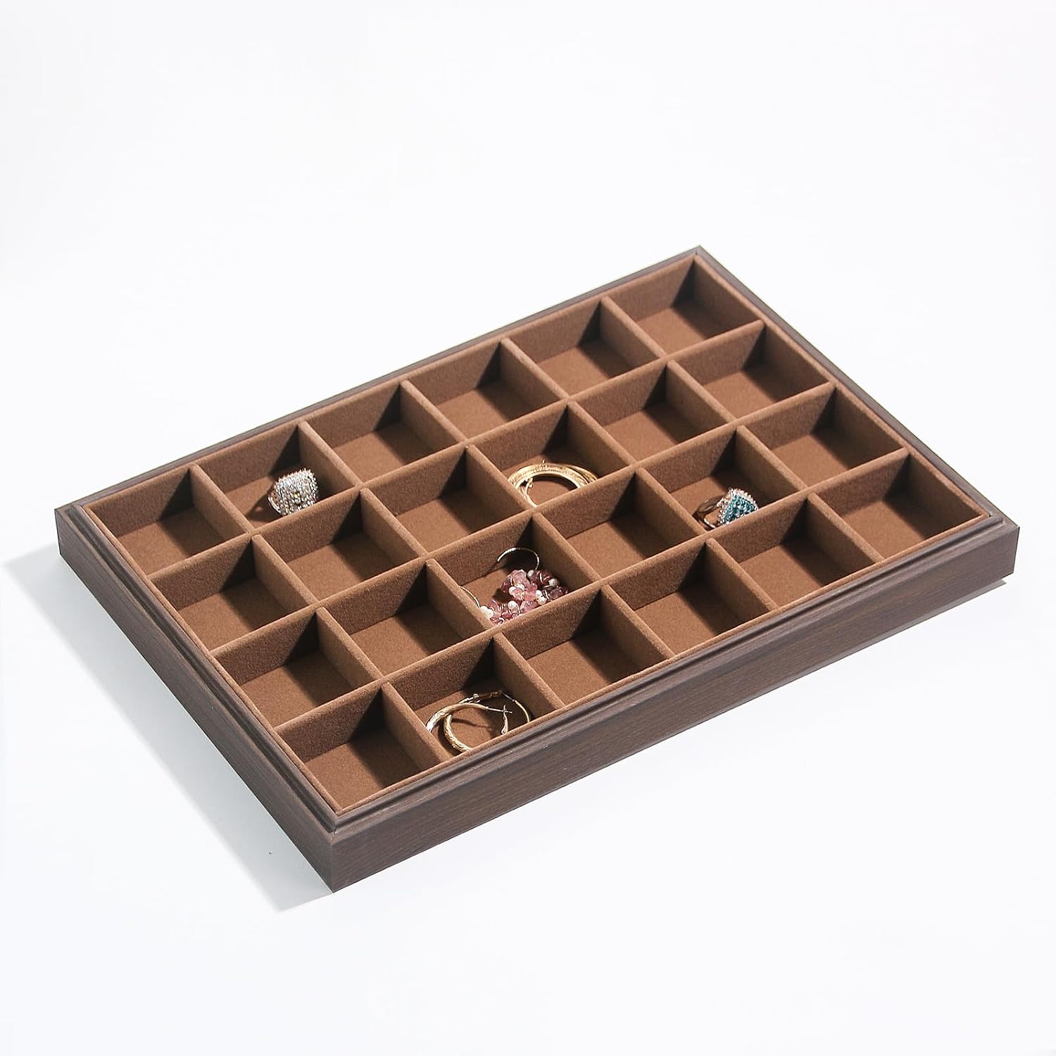Wood Jewelry Organizer Tray, Earrings Holder (Brown, 2Pc, 24 Grids) | Stackable Earrings Organizer, Earrings Display Tray, 24 Grids Ring Holder, Space-Saving Storage