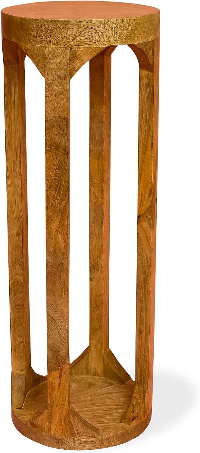 Modern Wooden Round Drink Table, 8x8x23 inch, Wooden Accent Pedestal Side Tab...