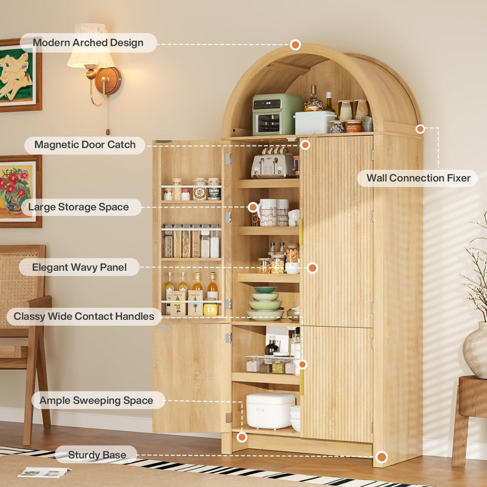 PRETZI Fluted Arched Cabinet with Doors, 71" Tall Kitchen Pantry Storage...