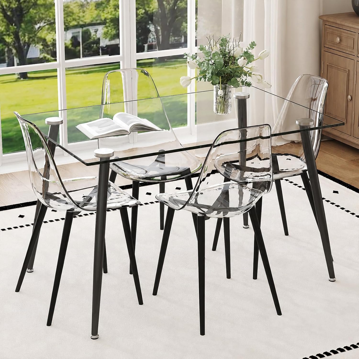 Ebullient Glass Dining Table Set for 4, 51" Clear Tempered Glass Table with Black Metal Legs and 4 Transparent Acrylic Chairs, Compact Modern Kitchen Table Set for Small Space Dining Room