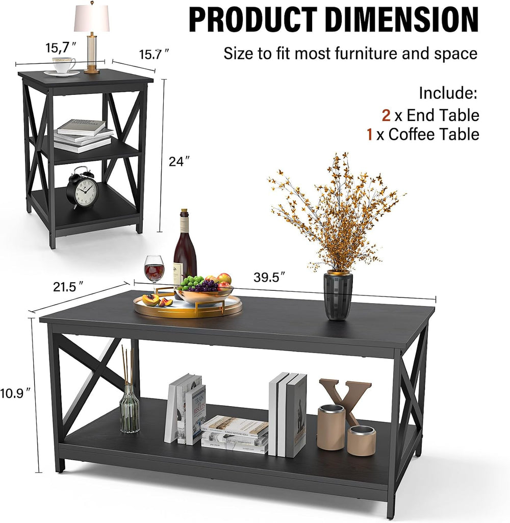 Bigbiglife Living Room Coffee Table Set of 3, Industrial X-Design Coffee Tabl...