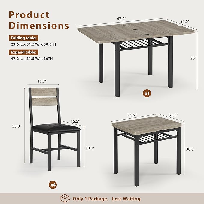Dining Table Set for 4, Extendable Kitchen Table with 4 PU Leather Upholstered Dining Room Chairs, Wood Kitchen Table Set with Built-in Storage Rack for Dining & Small Spaces, Grey