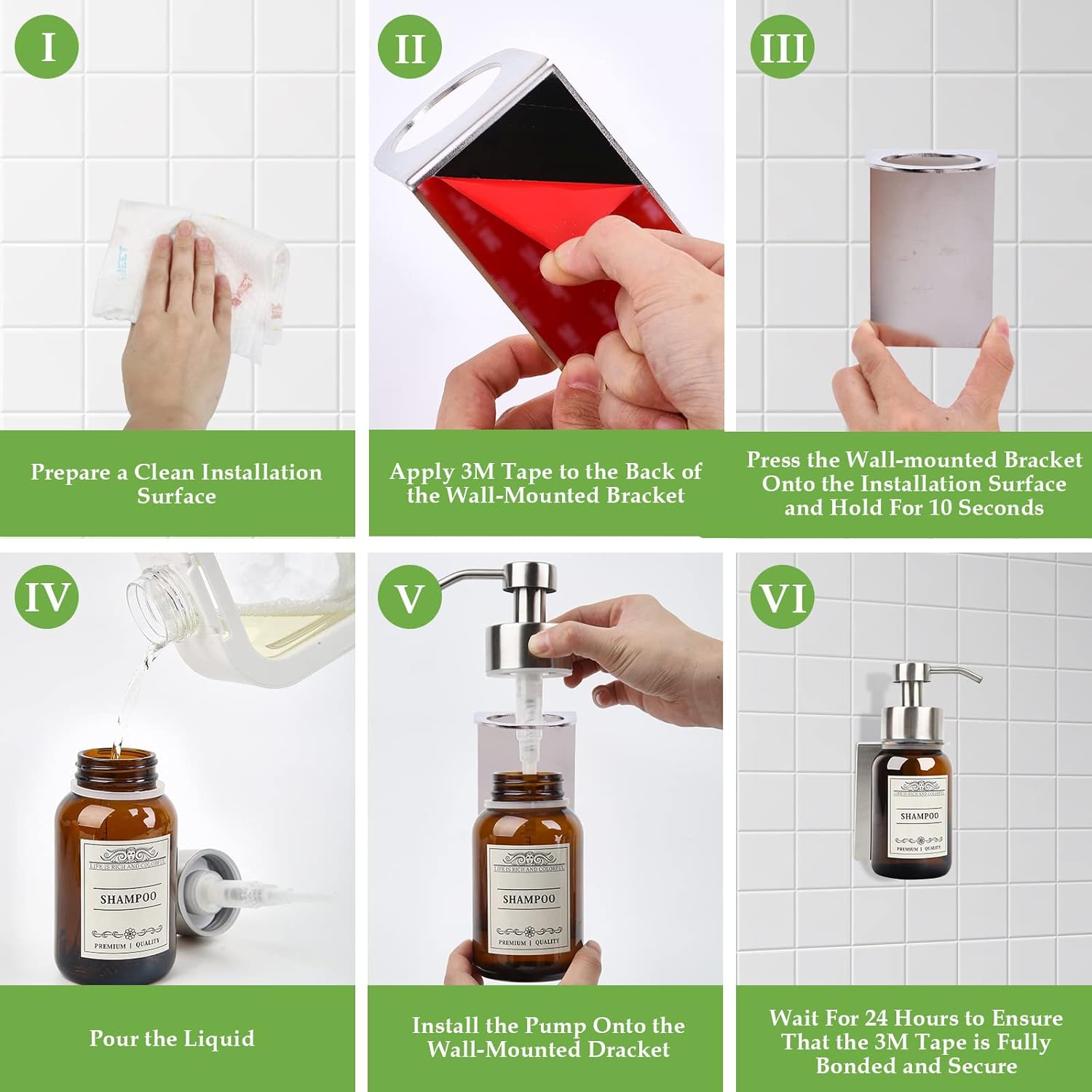 Glass Soap Dispenser with Pump and Wall Mount Holder,8.5 Oz Shampoo and Conditioner Dispenser,Dish Soap Dispenser with Waterproof Labels,2 Pack|Silver