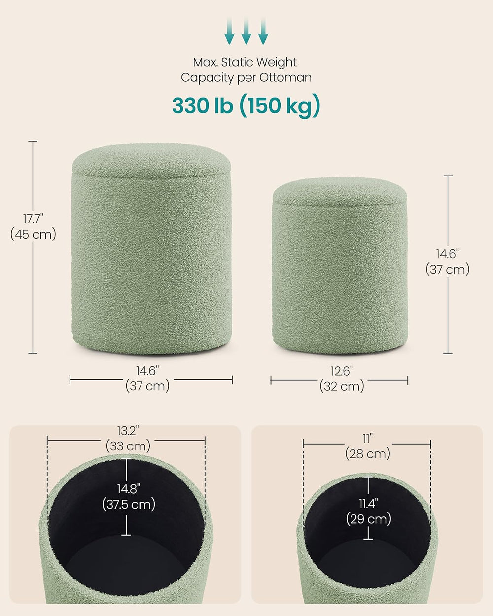SONGMICS Vanity Stool, Set of 2, Round Storage Ottoman, Small Ottoman Coffee ...