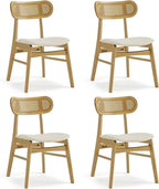 Wooden Dining Chairs Set of 4, Upholstered Modern Dining Room Chairs, Mid Century Oak Wood Kitchen Chairs with Rattan Backrest for Farmhouse, Kitchen, Restaurant (Cream Fabric & Original Color)