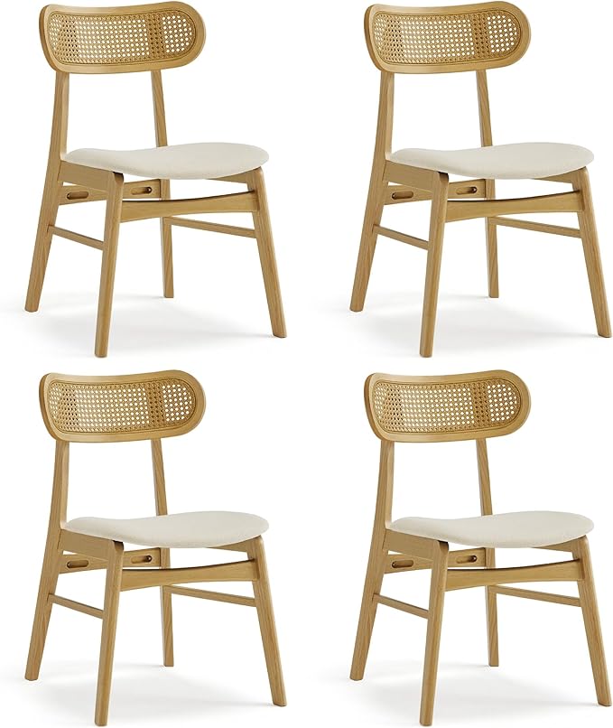 Wooden Dining Chairs Set of 4, Upholstered Modern Dining Room Chairs, Mid Century Oak Wood Kitchen Chairs with Rattan Backrest for Farmhouse, Kitchen, Restaurant (Cream Fabric & Original Color)