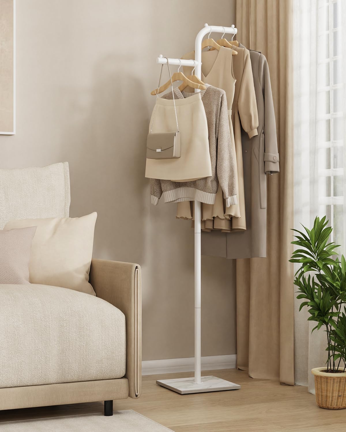 Coat Hanger Stand, Modern Garment Rack with Rock Slab Base, Heavy-duty Metal Clothes Tree for Boutiques, Hallway, Entryway, 68.9 Inches High, White, GYJ012W