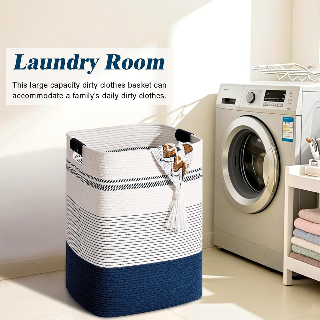 Laundry Hamper, 95L Tall Laundry Basket with Leather Handles, Rectangle Large Clothes Hamper for Organizing, Cotton Woven Laundry Baskets Storage Hampers for Bedroom, Nursery, Living Room