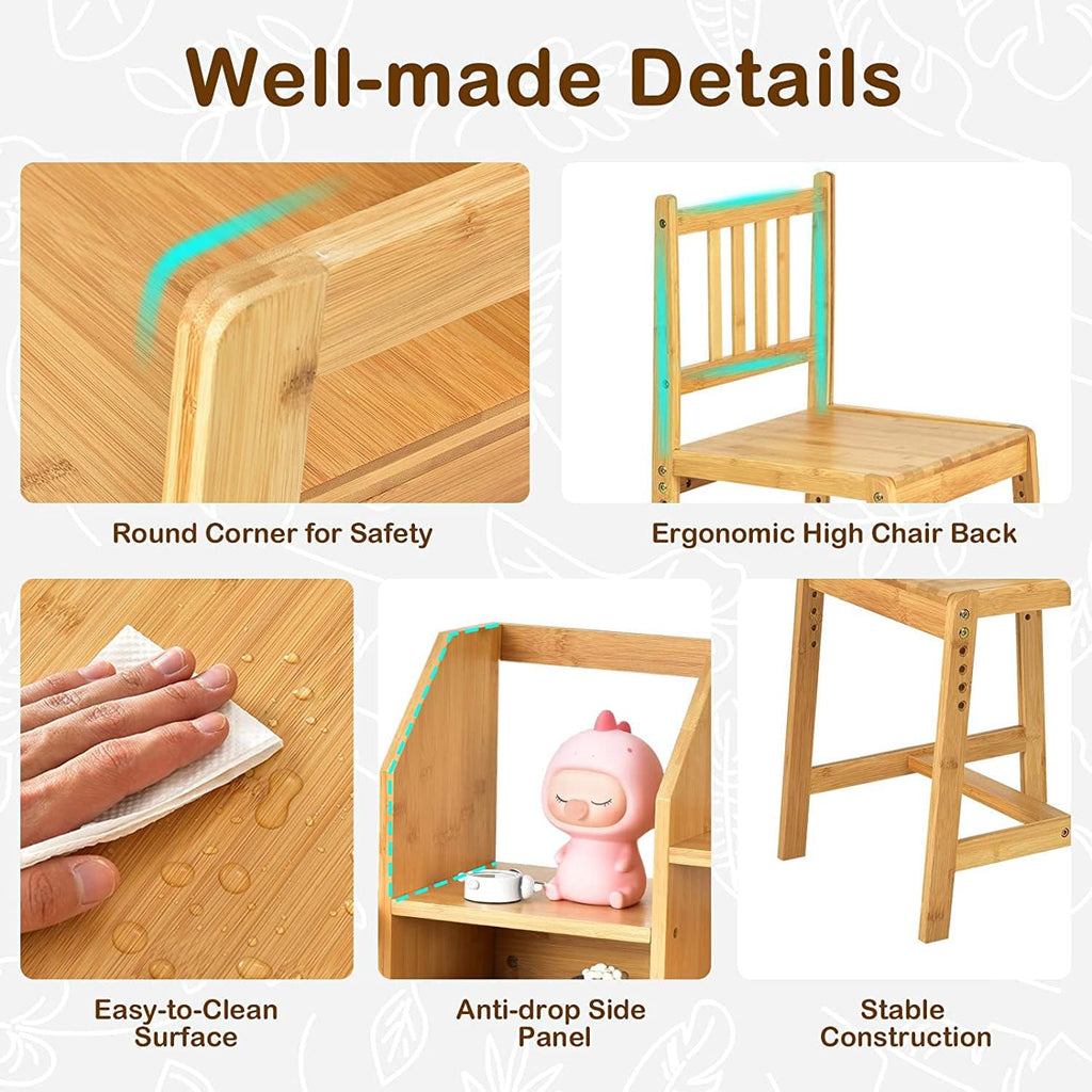 Kids Desk and Chair Set, Height Adjustable Bamboo Study Desk with Storage Hutch and Bookshelf, Wooden Writing Table for Toddlers and Kids, Easy-Clean Surface, Natural (02)