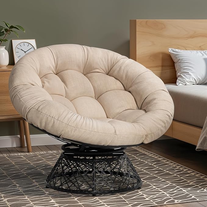 Bme 40" Ergonomic Wicker Papasan Chair with Soft Thick Density Fabric Cushion, High Capacity Steel Frame, 360 Degree Swivel for Living, Bedroom, Reading Room, Lounge, Sepia Sand - Black Base
