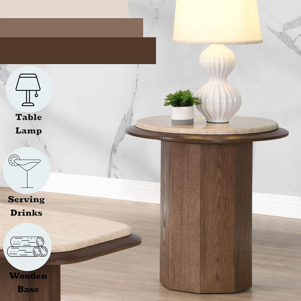 Travertine Top Walnut End Table
