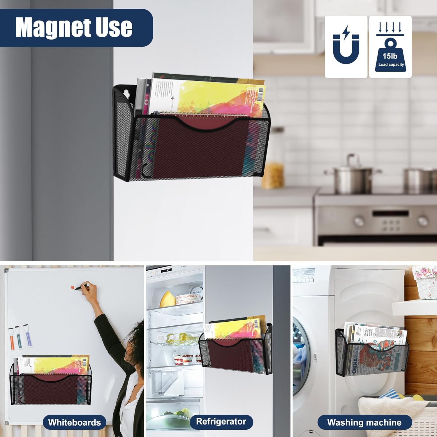 Magnetic File Holder 3 Pockets File Folder Organizer, Office Hanging Magazine Rack for File Cabinets, Magnetic Paper Holder, No Drilling Mail Organizer for Refrigerator, Whiteboard, Office, Kitchen