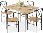 VECELO 5-Piece Kitchen Dining Table Set, Wood Tabletop & Heavy-Duty Metel Frame, Rectangle Dinette with 4 Chairs for Small Space, Breakfast Nook, Natural Black