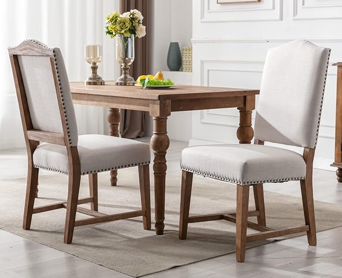 EALSON Farmhouse Dining Chairs Set of 2 Upholstered Dining Room Chairs with Wood Legs and Nailhead Trim Mid Century Modern Kitchen Chairs with High Back Padded Parson Chairs, Linen Beige