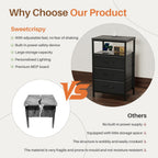 Sweetcrispy Nightstand with Charging Station 3 Fabric Drawers Bedside Table | Night Stand with USB Type-C Ports, AC Outlets & Dimmable LED Light Strip, Modern Black Bedroom End Table