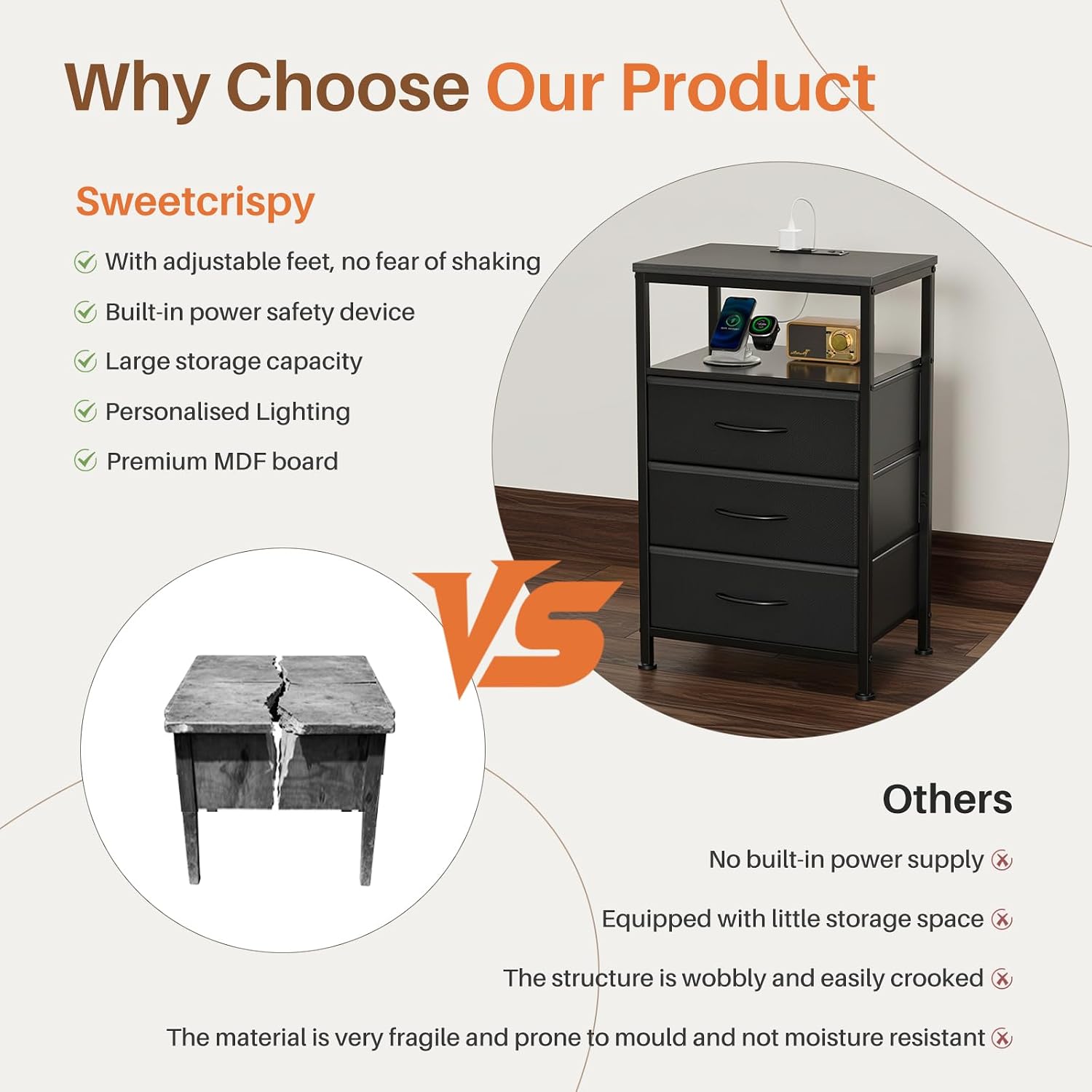 Sweetcrispy Nightstand with Charging Station 3 Fabric Drawers Bedside Table | Night Stand with USB Type-C Ports, AC Outlets & Dimmable LED Light Strip, Modern Black Bedroom End Table
