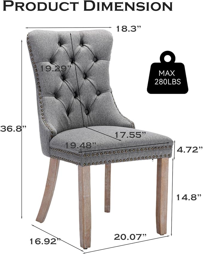Linen Upholstered Dining Chairs Set of 2, Modern Style Kitchen Side Chairs with Nailhead Trim and Wood Leg, Metal Pulling Ring for Dining Room Living Room(Smoky Gray,Set of 2)