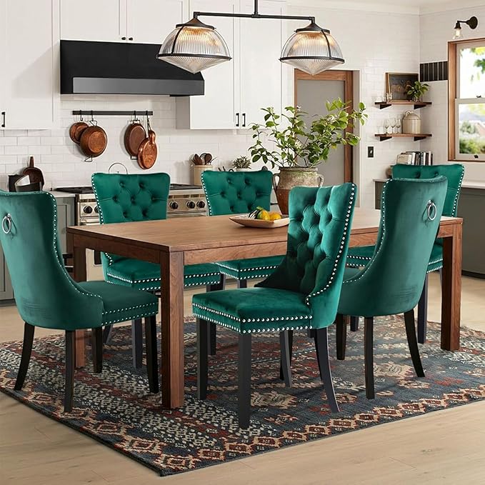 Velvet Upholstered Dining Chairs Set of 8, Modern Style Kitchen Side Chairs with Nailhead Trim and Wood Legs,Metal Pulling Ring for Dining Room Living Room(Green)