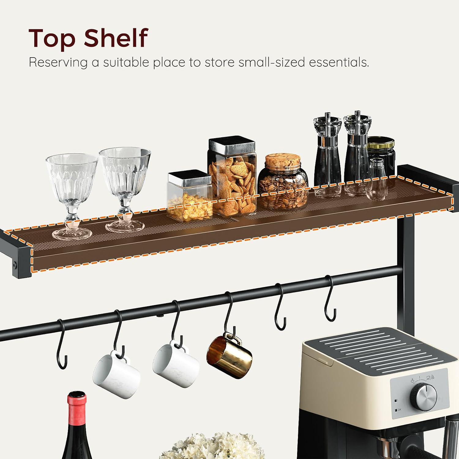 MAHANCRIS Bakers Rack with Power Outlet, Kitchen Storage Shelf with 6 Hooks, Microwave Stand with Storage, 4-Tier Coffee Bar Station, for Kitchen, Dining Room, Rustic Brown and Black BRHR351E01