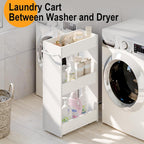 MARTY Wood Rolling Storage Cart 7.9" W, 3 Tier White Slim Utility Kitchen Cart on Wheels Laundry Room Bathroom Organizers Narrow Shelves with Handle Mobile Shelving Unit for Small Places