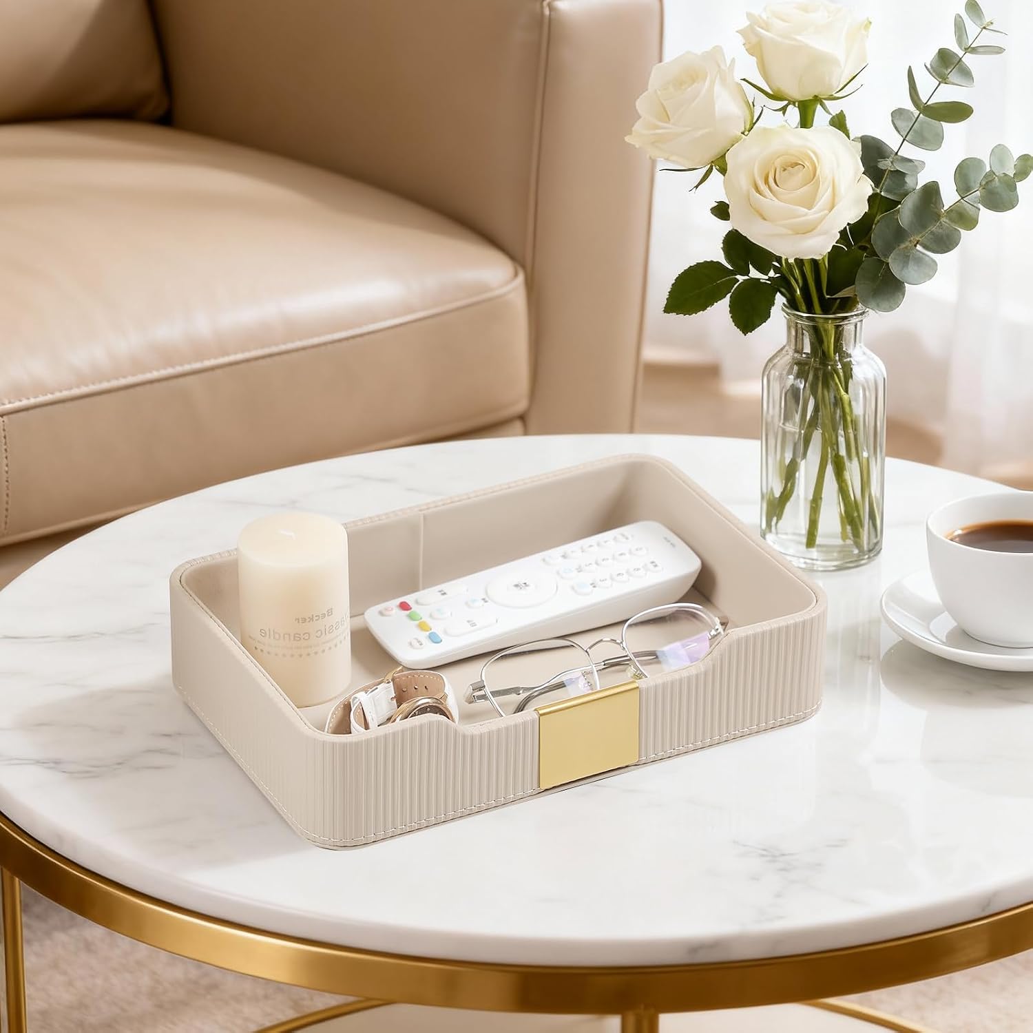 Valet Tray Organizer Keay Bowl Catchall Tray Nightstand Organizer | PU Leather, Brass Accents Block, Soft Lining, Larger Size, Waterproof And Stain-Resistant