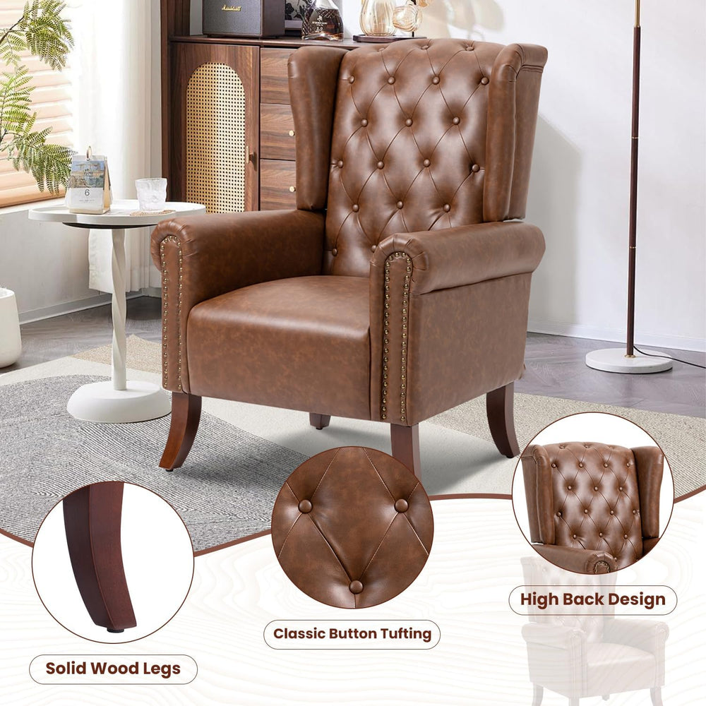 Faux Leather Accent Chair, Mid-Century Armchair Upholstered Club Sofa Chair w...