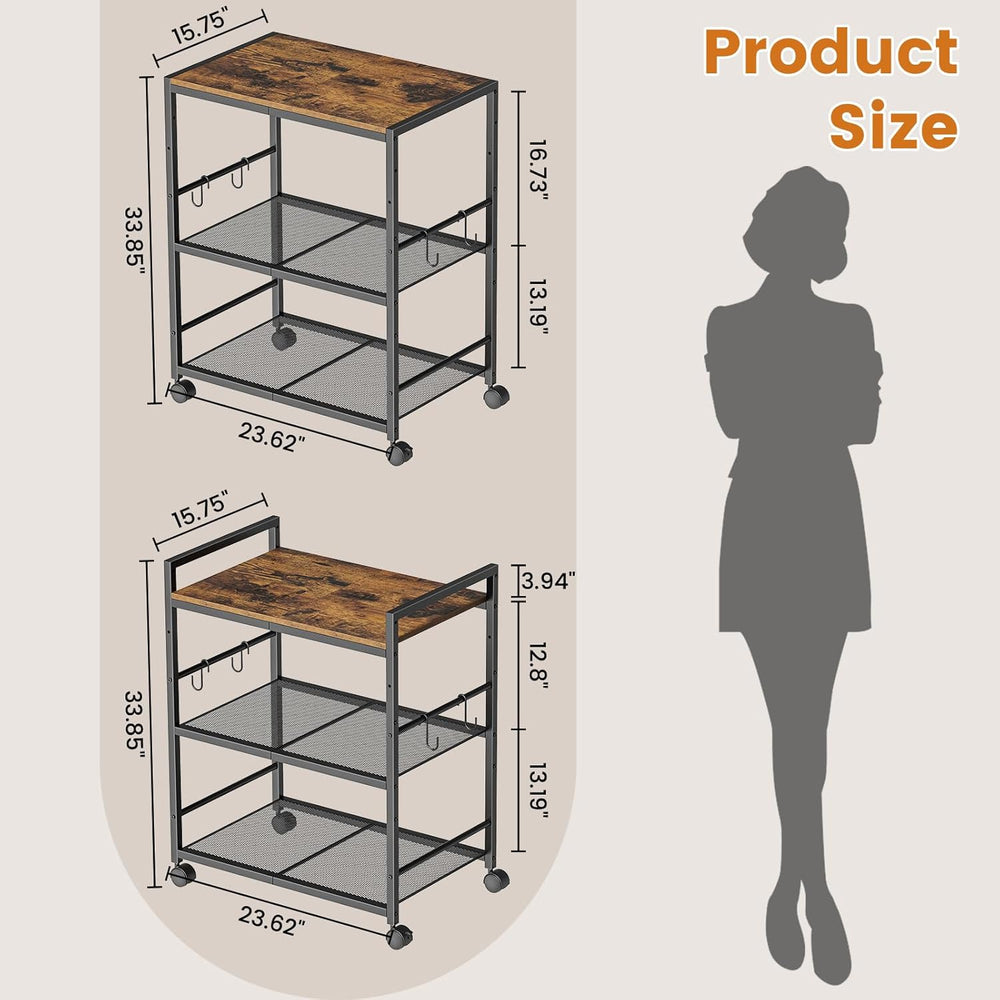 Rolling Kitchen Microwave Cart, 3-Tier Microwave Stand with Adjustable Shelf,...