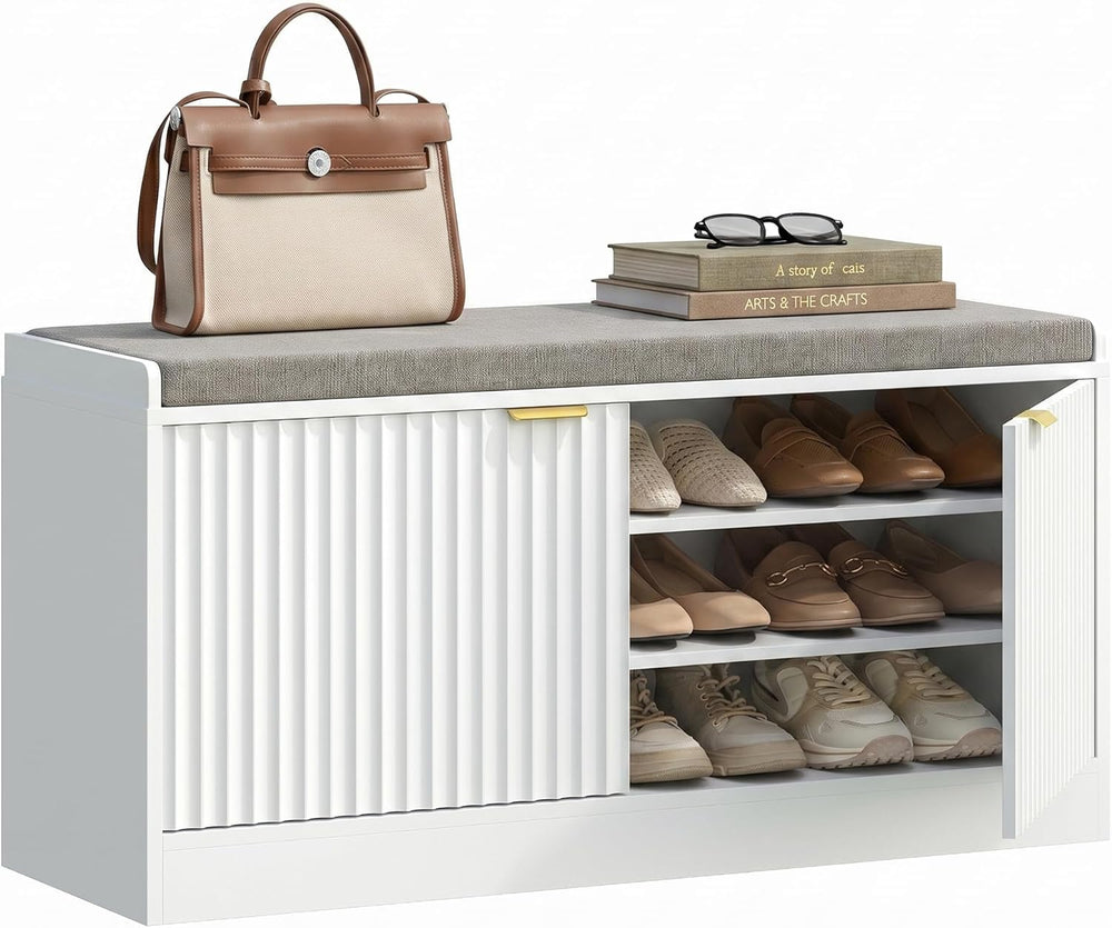 Fluted Shoe Storage Bench with Cushion, 2-Tier Entryway Shoe Bench with Adjus...