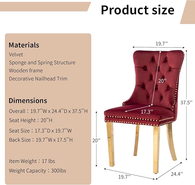 Luxury Upholstered Dining Chairs Set of 2, Red Kitchen Chair with Golden Metal Legs, Velvet Tufted Back Dining Chair, Sillas de Comedor, Modern Kitchen & Dining Room Chairs (Burgundy, 2 Pcs)