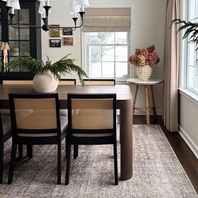 Rattan Dining Chairs Set of 4, Farmhouse Boucle Kitchen Chairs with Cane Back, Upholstered Sherpa Dining Room Chairs Comfy Side Wood Chair for Living Room/Restaurant, Black Sherpa
