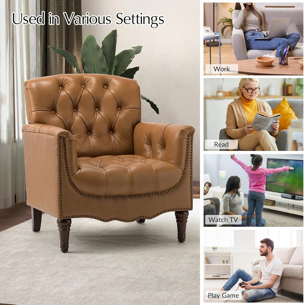 HULALA HOME Mid Century Modern Genuine Leather Accent Chair Set of 2, Camel |...