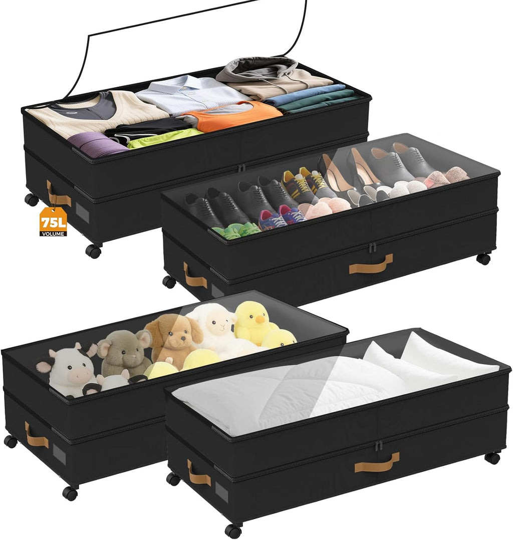 Under Bed Storage with Wheels 4-Pack, 75L XXL Under the Bed Storage Containers Large, 12" Tall Adjustable Storage for Underbed with Lids, Rolling for Shoes, Clothes, Blankets (4PCS-Black)