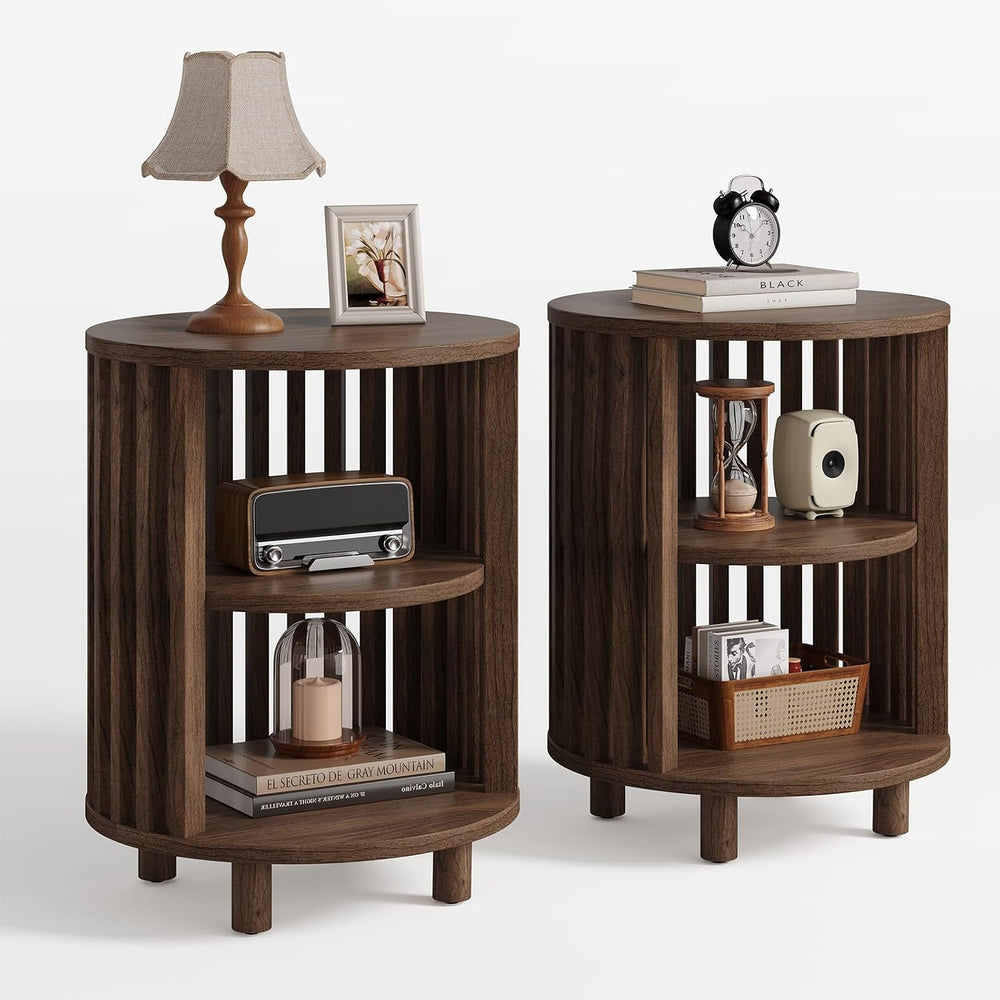 Round End Table Set of 2,Wood Side Tables for Living Room,Walnut