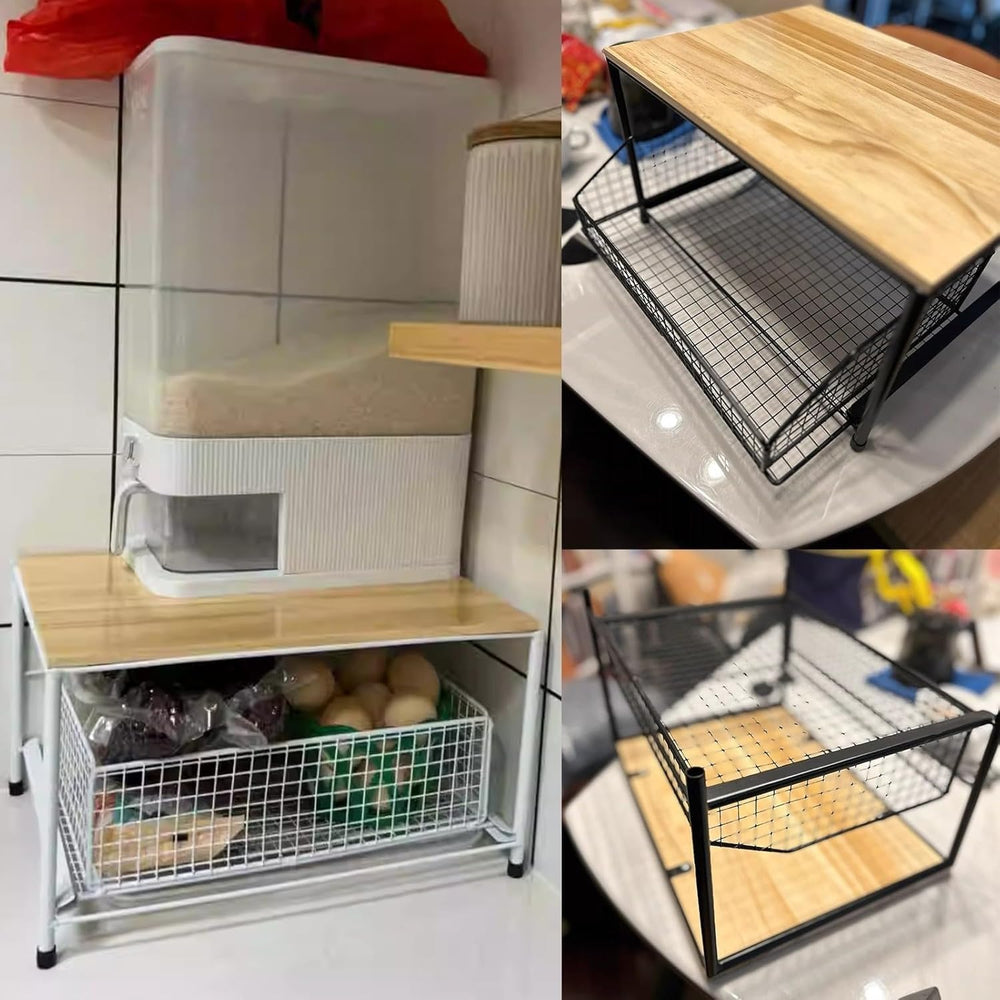 Countertop Organizer for Kitchen with Drawer& Wire Basket- Sturdy Hardwoo...