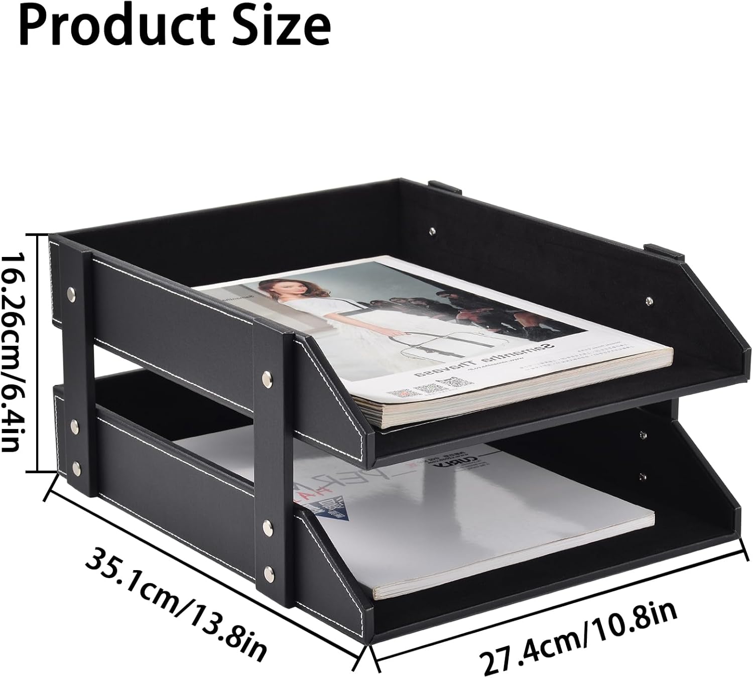 Leather Desk Organizer,2-Tier Stackable Letter Tray Holder,Office Supplies Desktop Storage Box for Document,Stationery,Magazines,Newspapers,Letters and Other Home Office Paper Sundries,Black