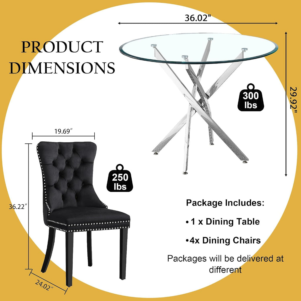 5-Piece Glass Dining Table Set for 4, Include 36" Round Tempered Glass Kitchen Table and 4 Black High Back Chairs for Dining Room, Living Room (Silver Table Legs)