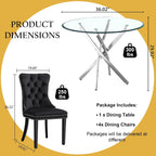 5-Piece Glass Dining Table Set for 4, Include 36" Round Tempered Glass Kitchen Table and 4 Black High Back Chairs for Dining Room, Living Room (Silver Table Legs)
