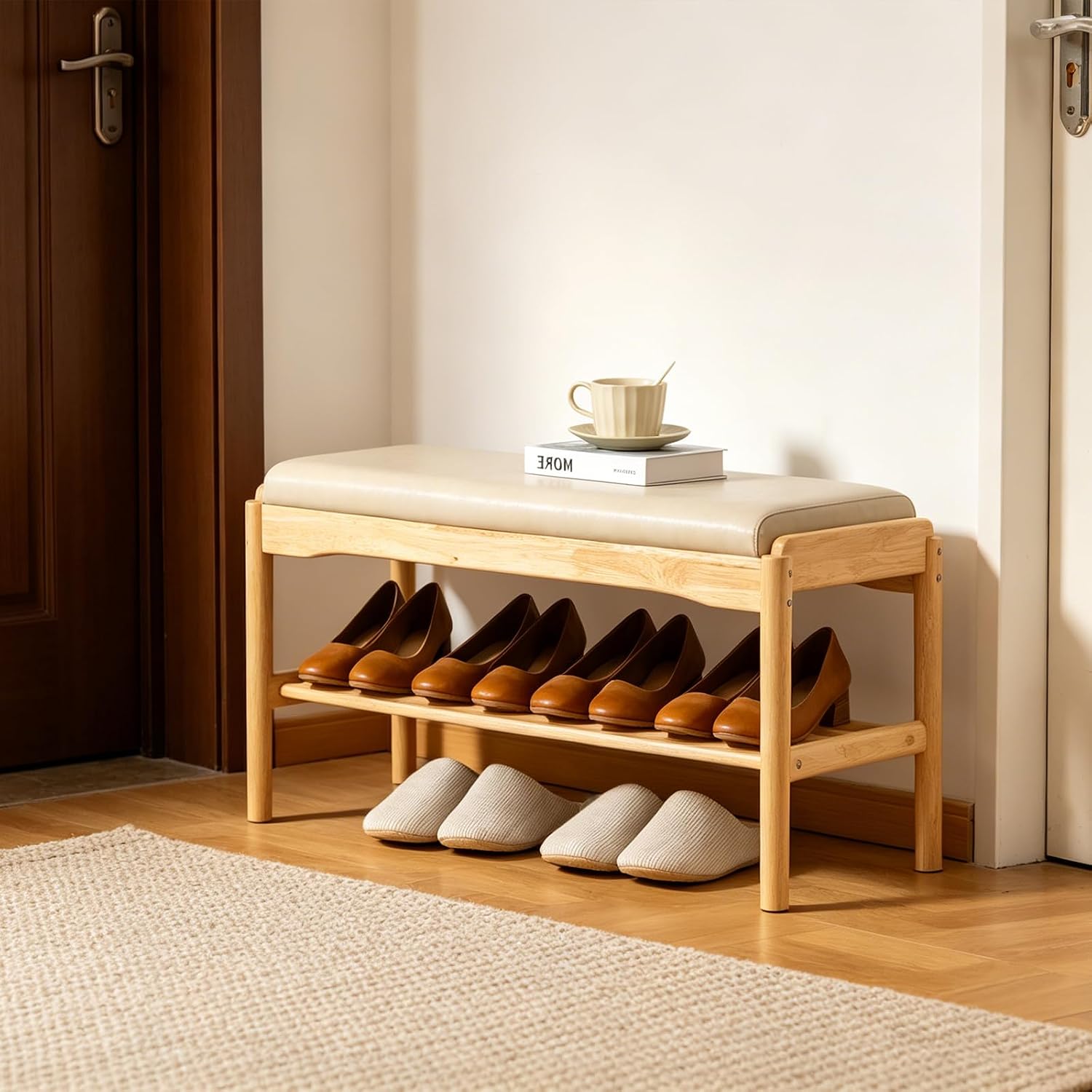 SOBIBO 2-Tier Entryway Shoe Rack Bench, Rubber Wood, Beige & Natural, 31.5" | 8–12 Pairs Capacity, Double-layer Storage, High-density Sponge Cushion, Ideal for Entryway, Hallway, Bedroom