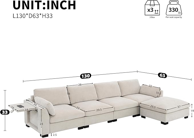 Ball & Cast Oversized Modular L Shaped Sectional Sofa W/Movable Ottoman and USB Ports,5 Seater Chenille Couch W/ 2 Armrest Pillows,Side Pocket & Folding Table,for Living Room,Apartment,Beige,130"