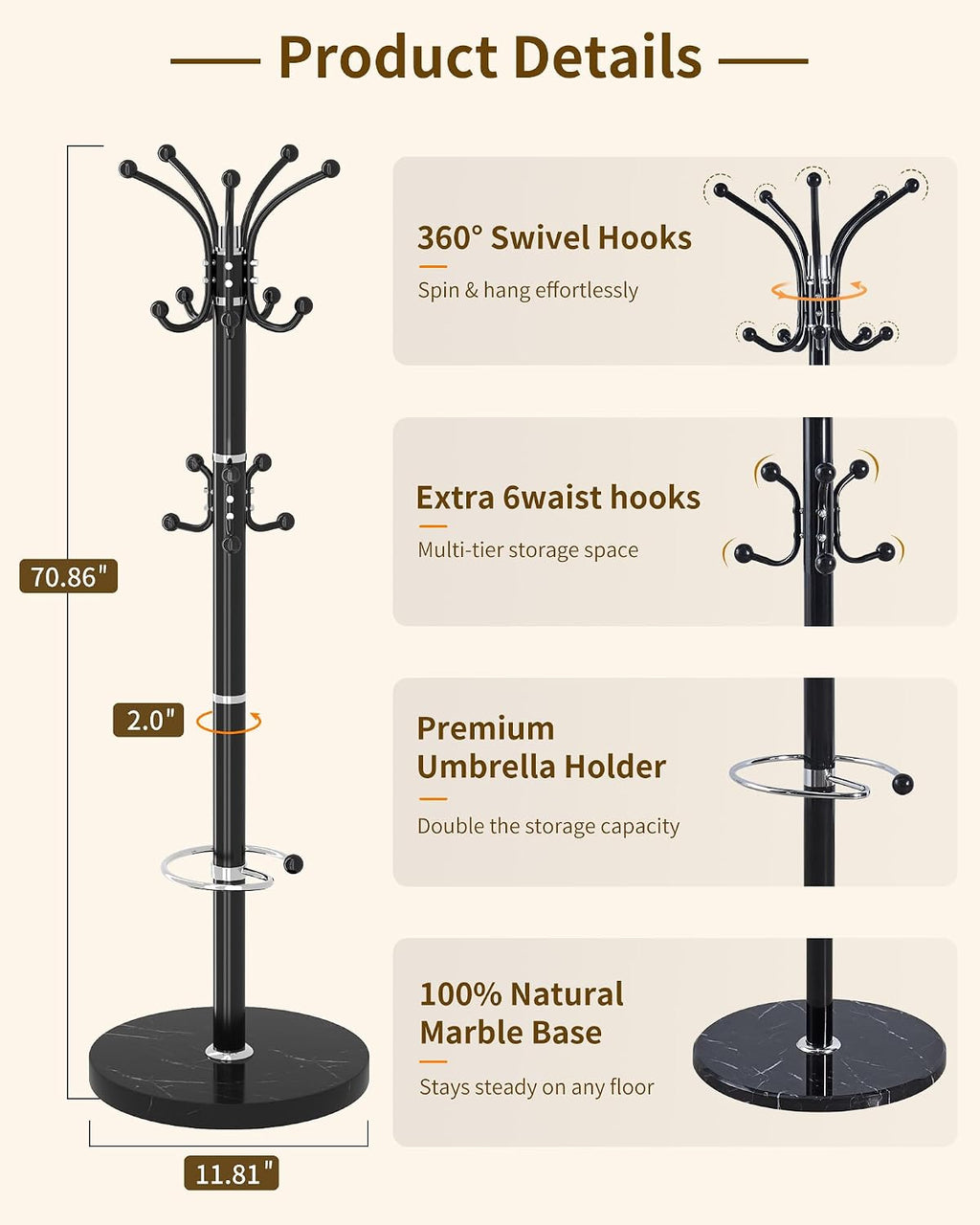 Metal Coat Rack, Modern Coat Rack Stand, 360°Rotary Coat Tree Stand | Heavy Duty Coat Rack Freestanding with Natural Marble Base, Black Clothes Tree Hanger Stand with 14 Hooks & Umbrella Holder
