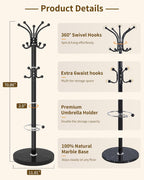 Metal Coat Rack, Modern Coat Rack Stand, 360°Rotary Coat Tree Stand | Heavy Duty Coat Rack Freestanding with Natural Marble Base, Black Clothes Tree Hanger Stand with 14 Hooks & Umbrella Holder