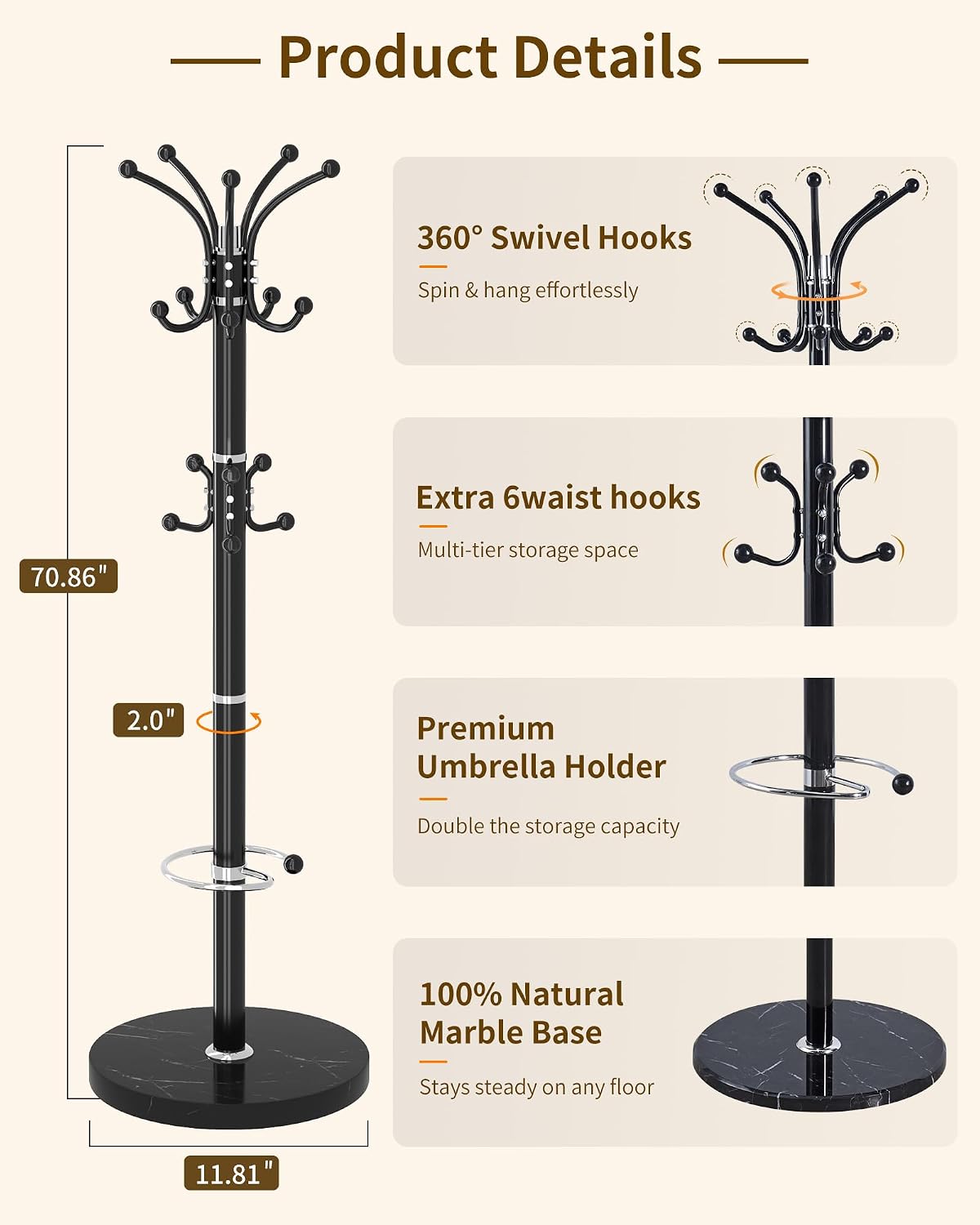 Metal Coat Rack, Modern Coat Rack Stand, 360°Rotary Coat Tree Stand | Heavy Duty Coat Rack Freestanding with Natural Marble Base, Black Clothes Tree Hanger Stand with 14 Hooks & Umbrella Holder