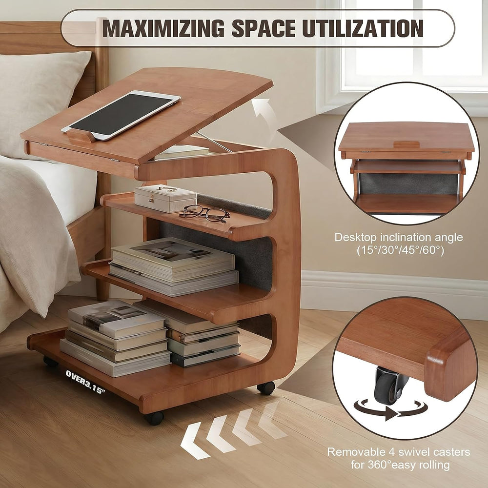 Multi-Layer Storage Rolling Side Table, C Shaped Couch End Table with Edge St...