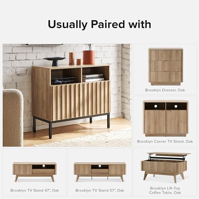 mopio Norwin Storage Cabinet, Sturdy Modern Rustic Industrial Buffet Sideboard, Fluted Accent Storage Cabinets, Credenza, Oak Wood TV Stand, Entertainment Center, Media Console, Living Room (Double)