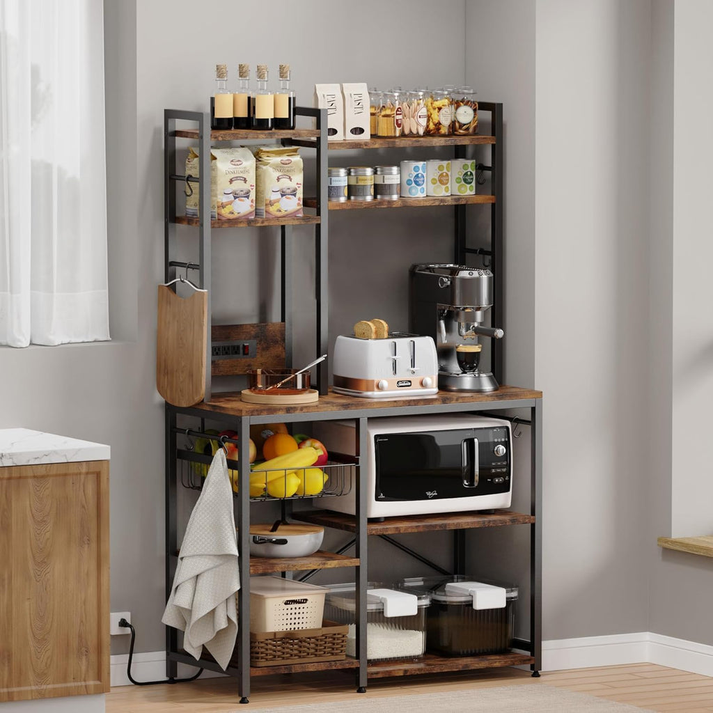 Luckyeestar Bakers Rack with Power Outlet - 6 Tier Microwave Stand with Storage, 35.4 inches Kitchen Shelf with Wire Basket and 12 S Hooks,Coffee Bar Shelf, Adjustable Feet, Rustic Brown Cabinet