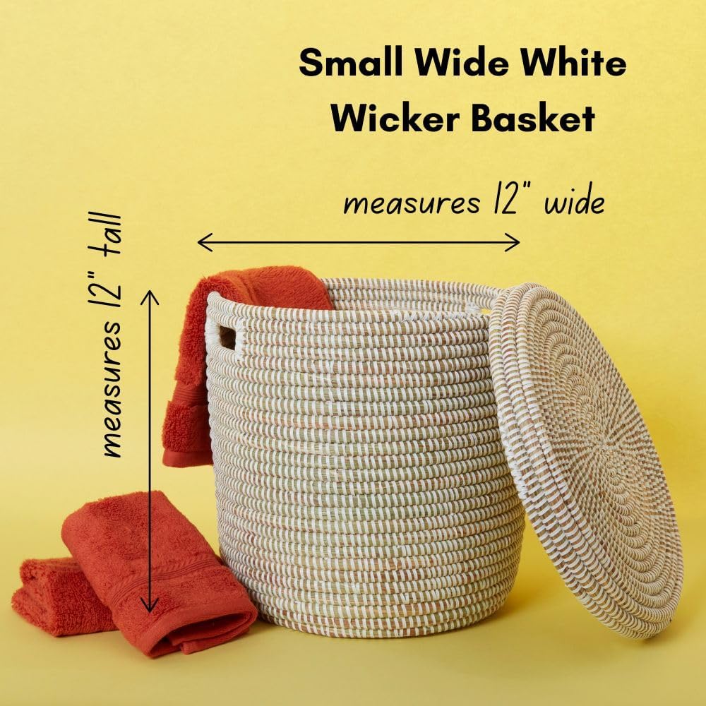 Small White Storage Basket - Laundry Hamper, Baby Nursery Toys Bin, Living Room Blankets Storage, Towels Holder, Organizing, Decorative - Wicker, Woven, Lid, Handles