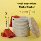Small White Storage Basket - Laundry Hamper, Baby Nursery Toys Bin, Living Room Blankets Storage, Towels Holder, Organizing, Decorative - Wicker, Woven, Lid, Handles