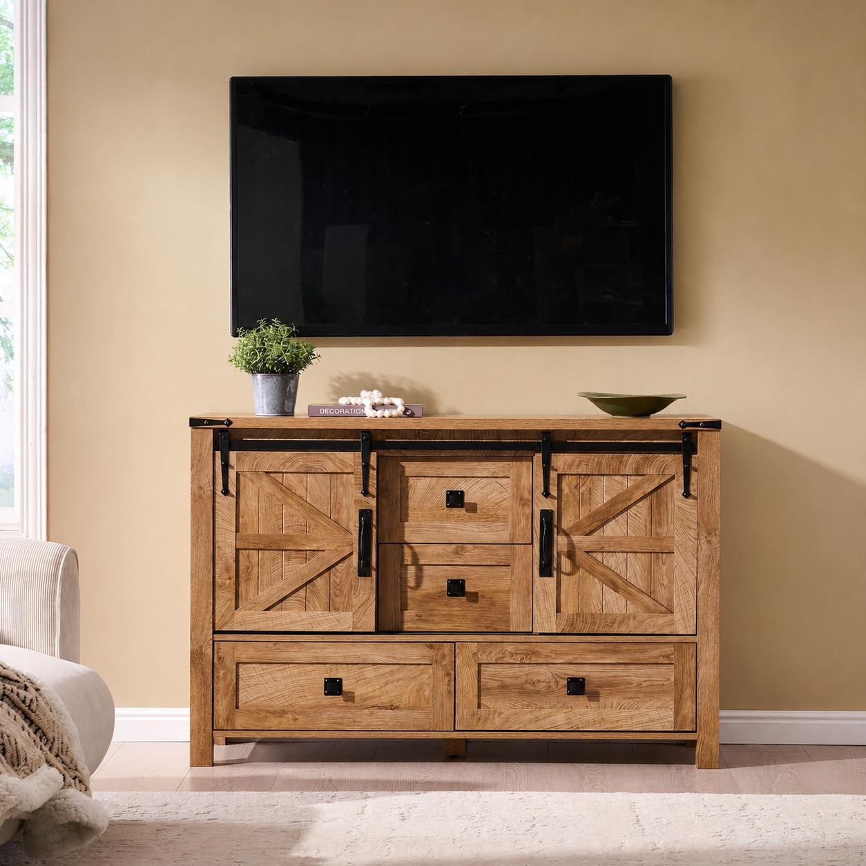T4TREAM 48" Wide Farmhouse Sideboard Buffet Cabinet, Light Tree Knot | 31.2" Tall Kitchen Cabinet with Storage, 2 Sliding Barn Doors, 4 Drawers, Rustic Wood, Coffee Bar Table, Dining Room